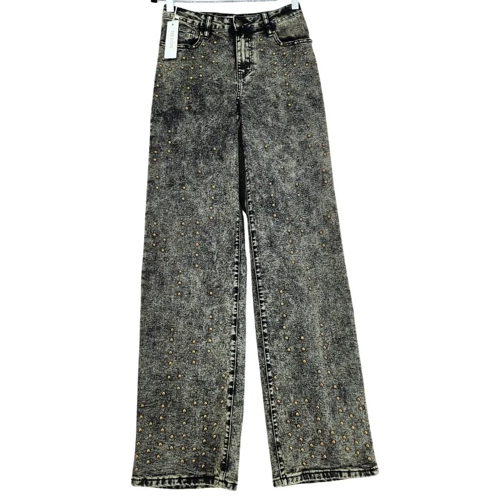 Mebon by Machine Studded Jeans 3 Jr Women Black Acid Wash Wide Leg High Rise NEW
